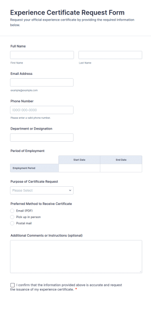 Experience Certificate Request Form Template