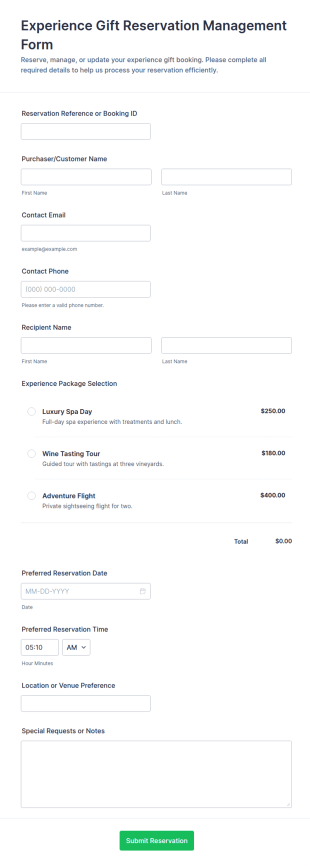 Experience Gift Reservation Management Form Template