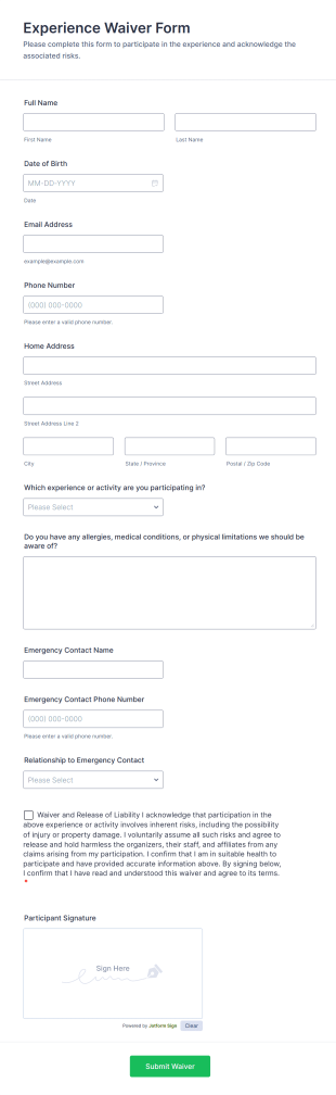 Experience Waiver Form Template