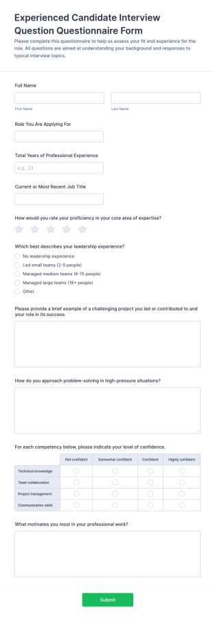 Experienced Candidate Interview Question Questionnaire Form Template