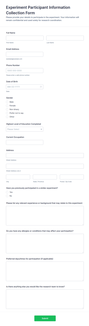 Experiment Participant Information Collection Form Template