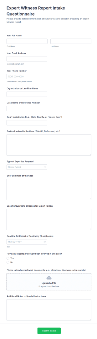 Expert Witness Report Intake Questionnaire Form Template