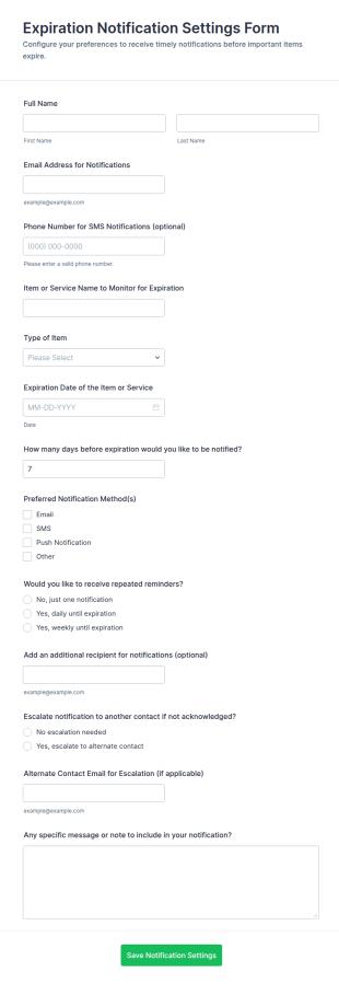 Expiration Notification Settings Form Template