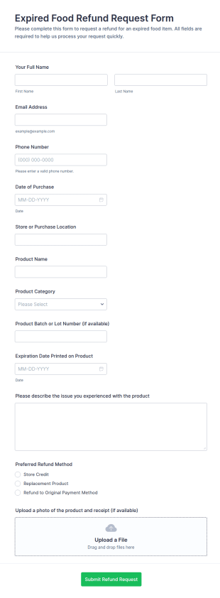 Expired Food Refund Request Form Template