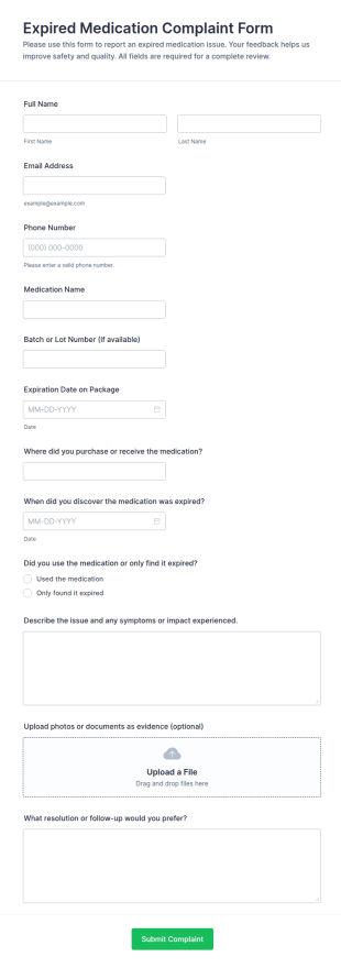 Expired Medication Complaint Form Template