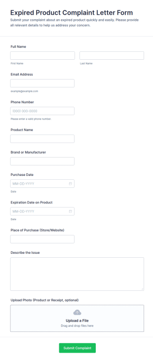 Expired Product Complaint Letter Form Template