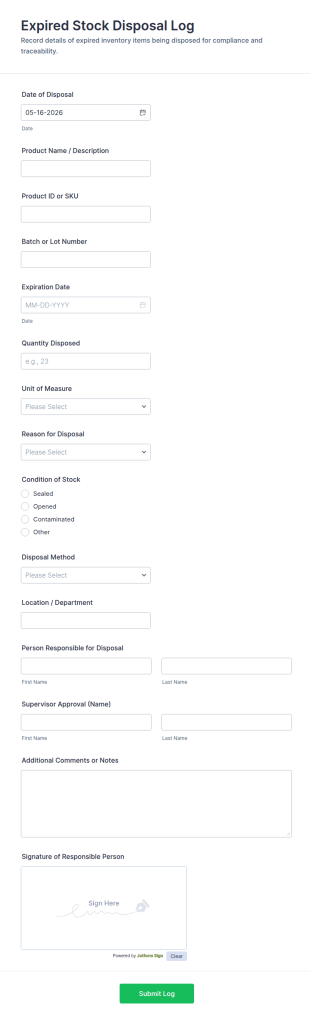 Expired Stock Disposal Log Form Template