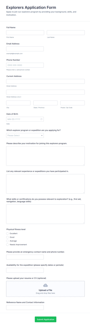 Explorers Application Form Template
