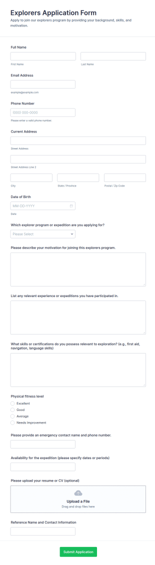 Explorers Application Form Template