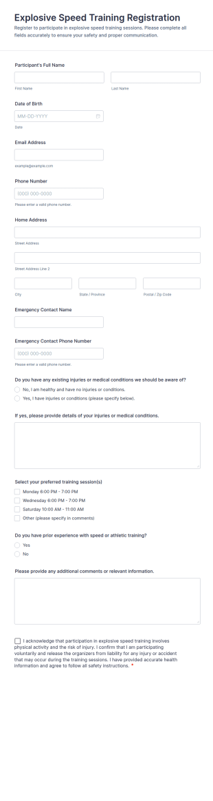 Explosive Speed Training Registration Form Template