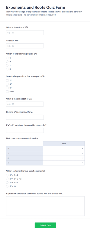 Exponents And Roots Quiz Form Template