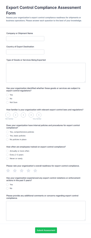 Export Control Compliance Assessment Form Template