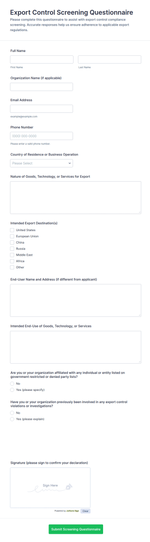 Export Control Screening Questionnaire Form Template
