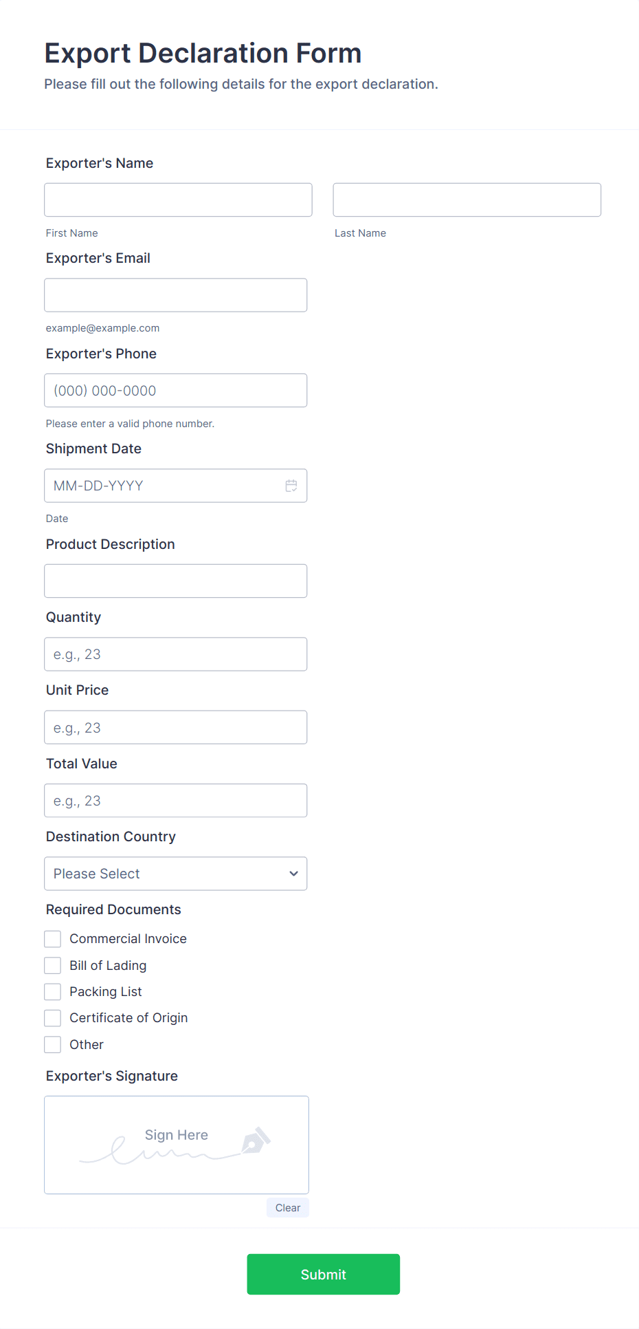 Export Declaration Form Template | Jotform