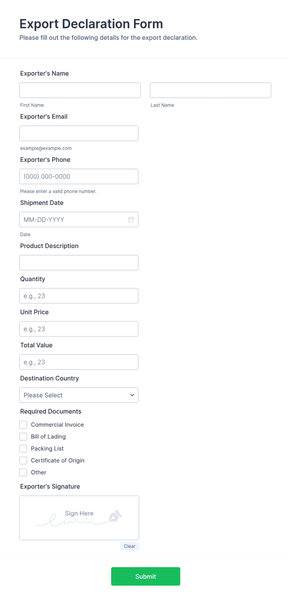 Export Declaration Form Template | Jotform