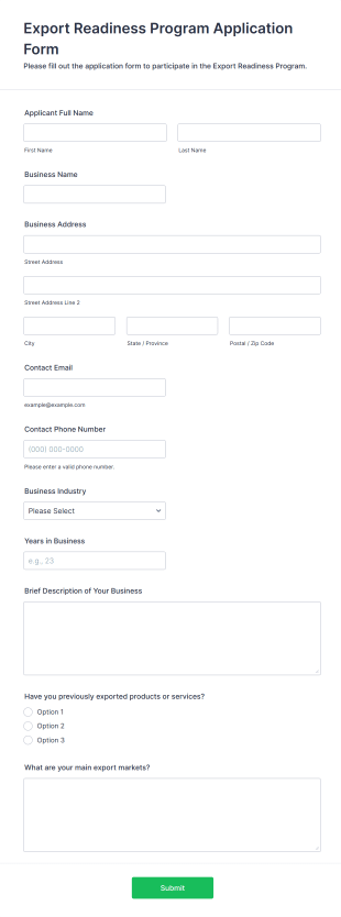 Export Readiness Program Application Form Form Template