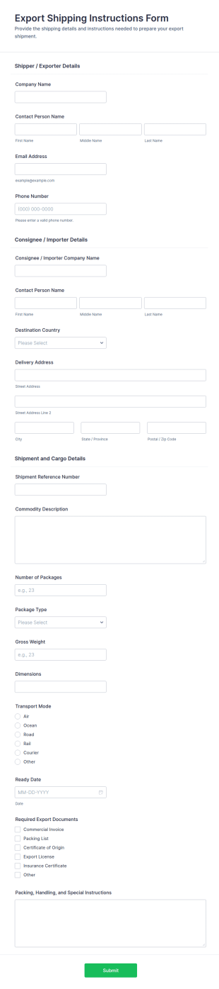Export Shipping Instructions Form Template