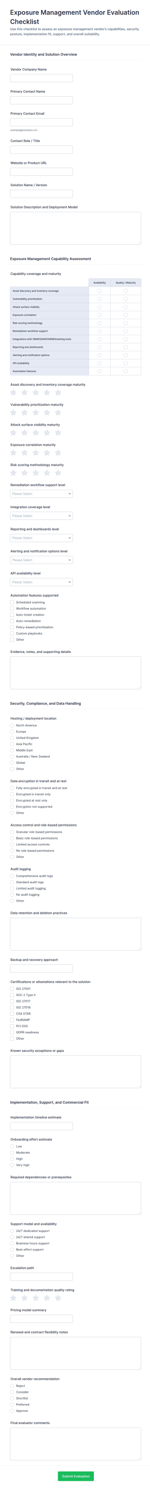 Exposure Management Vendor Evaluation Checklist Form Template