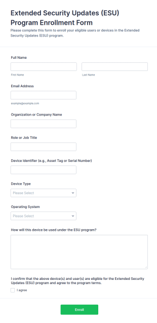 Extended Security Updates (ESU) Program Enrollment Form Template