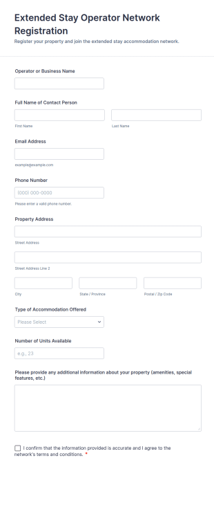 Extended Stay Operator Network Registration Form Template