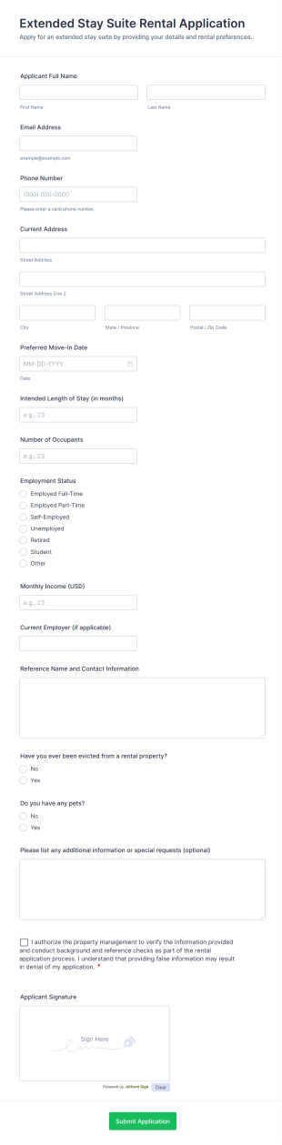 Extended Stay Suite Rental Application Form Template
