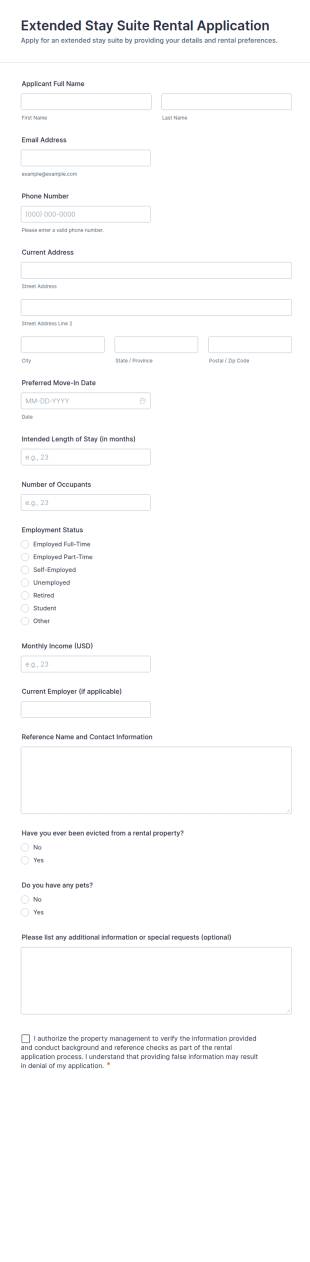 Extended Stay Suite Rental Application Form Template