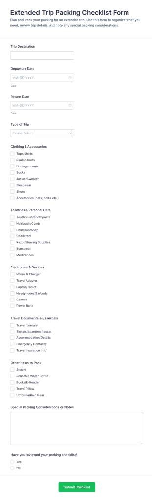 Extended Trip Packing Checklist Form Template