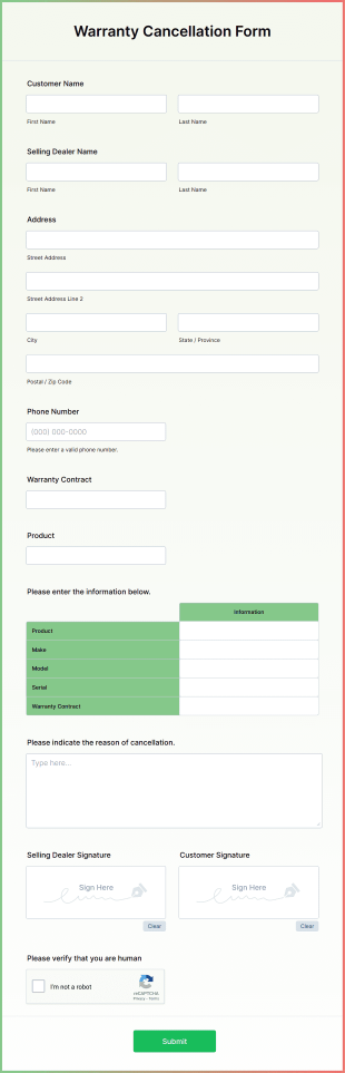 Extended Warranty Cancellation Form Template