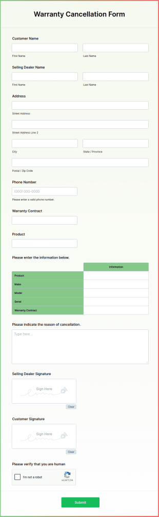Extended Warranty Cancellation Form Template
