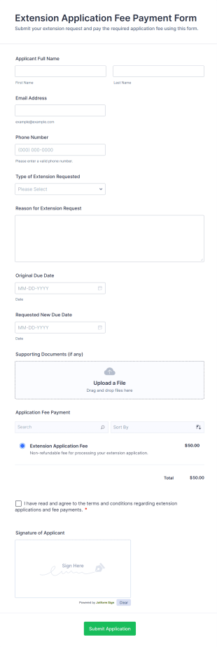 Extension Application Fee Payment Form Template