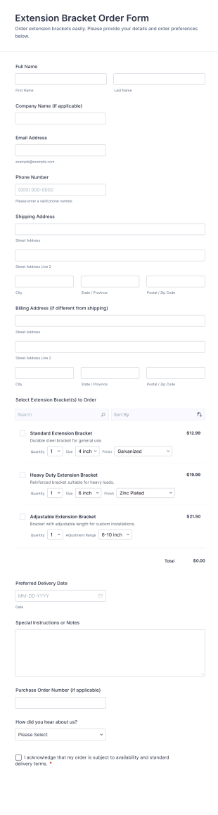 Extension Bracket Order Form Template