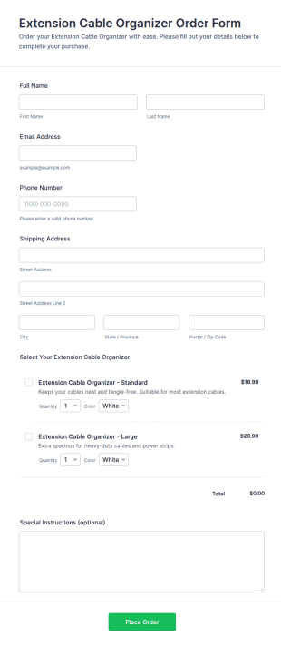 Extension Cable Organizer Order Form Template