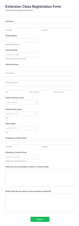 Extension Class Registration Form Template