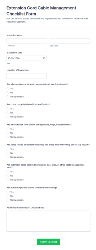 Extension Cord Cable Management Checklist Form Template