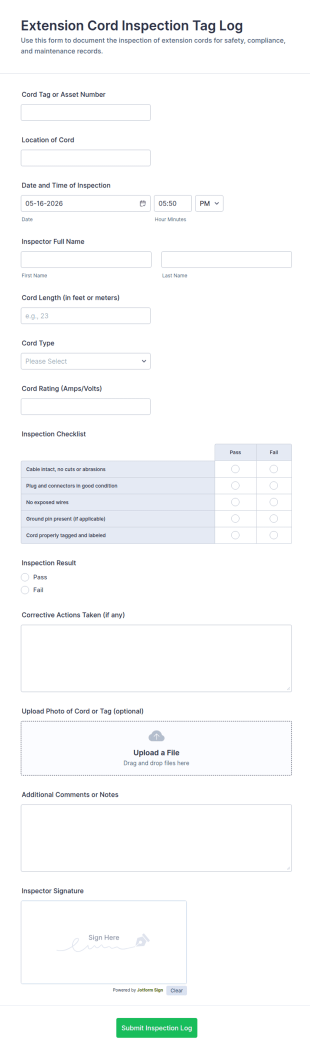Extension Cord Inspection Tag Log Form Template