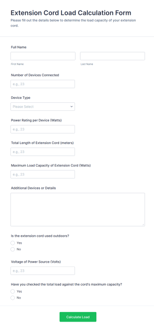 Extension Cord Load Calculation Form Template
