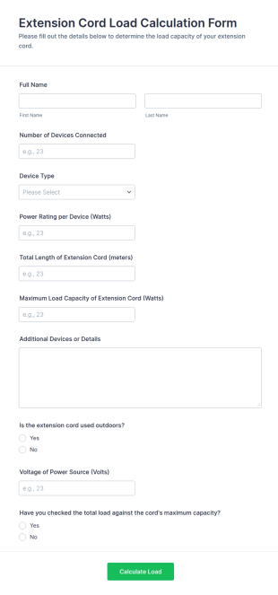 Extension Cord Load Calculation Form Template