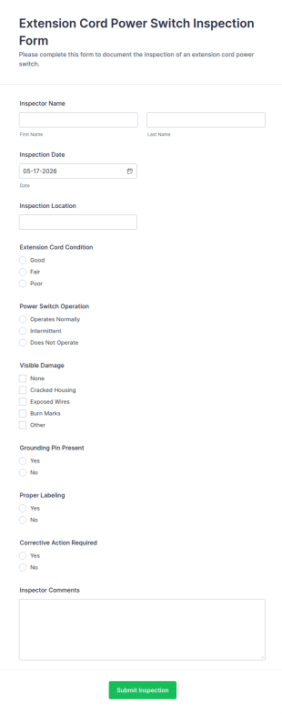 Extension Cord Power Switch Inspection Form Template