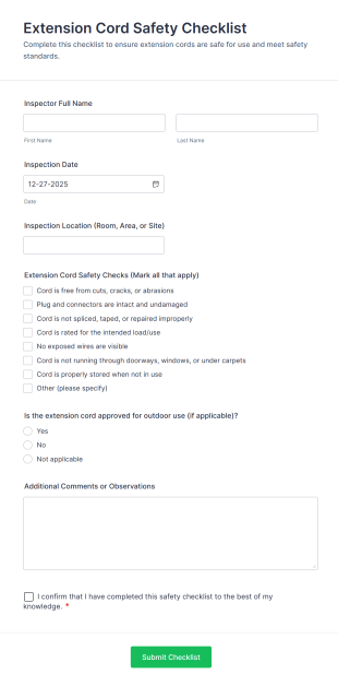 Extension Cord Safety Checklist Form Template
