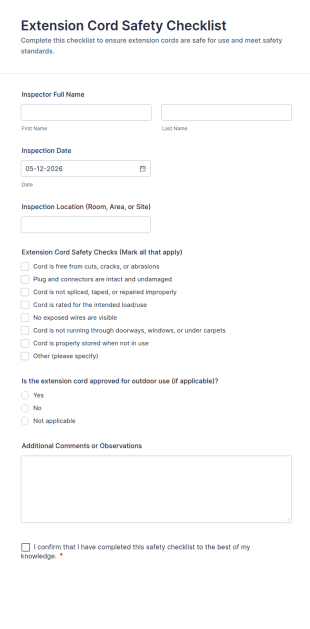Extension Cord Safety Checklist Form Template