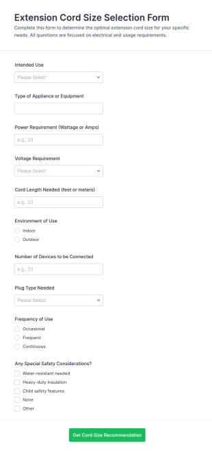 Extension Cord Size Selection Form Template