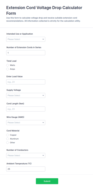 Extension Cord Voltage Drop Calculator Form Template
