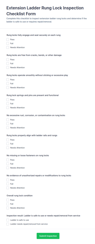 Extension Ladder Rung Lock Inspection Checklist Form Template