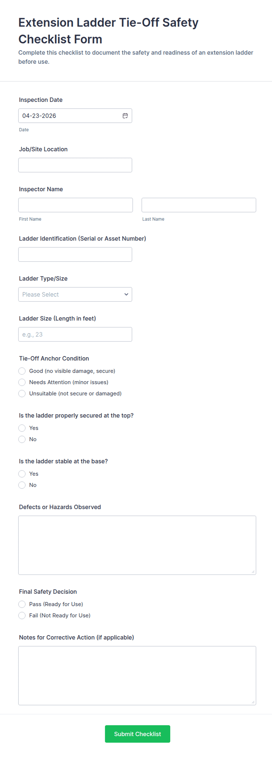 Extension Ladder Tie-Off Safety Checklist Form Template | Jotform