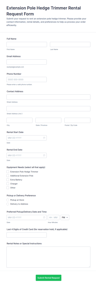 Extension Pole Hedge Trimmer Rental Request Form Template