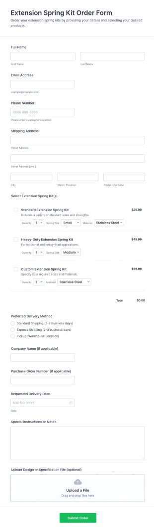 Extension Spring Kit Order Form Template