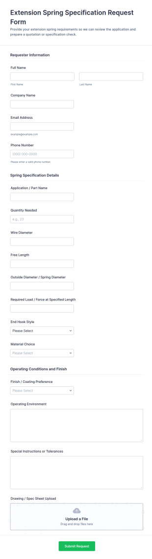 Extension Spring Specification Request Form Template