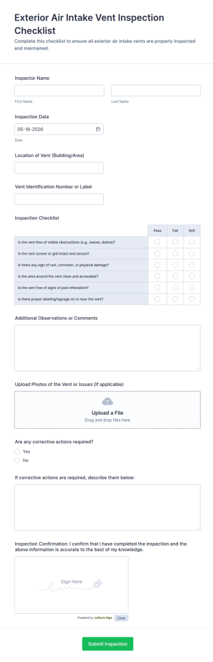 Exterior Air Intake Vent Inspection Checklist Form Template