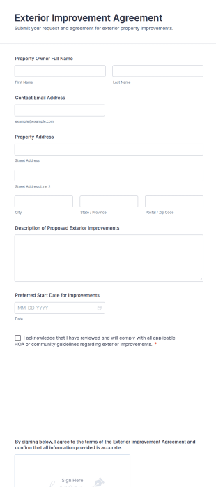 Exterior Improvement Agreement Form Template