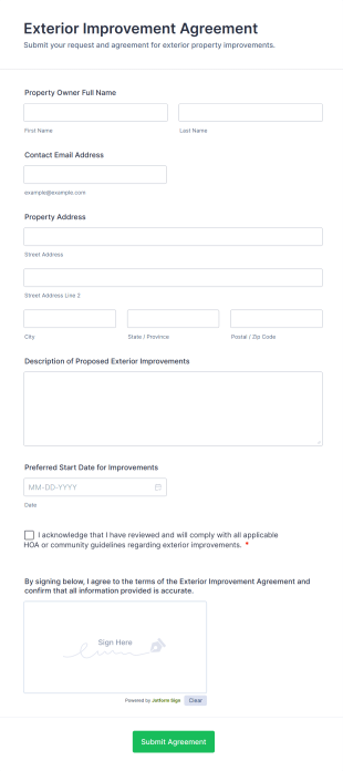 Exterior Improvement Agreement Form Template